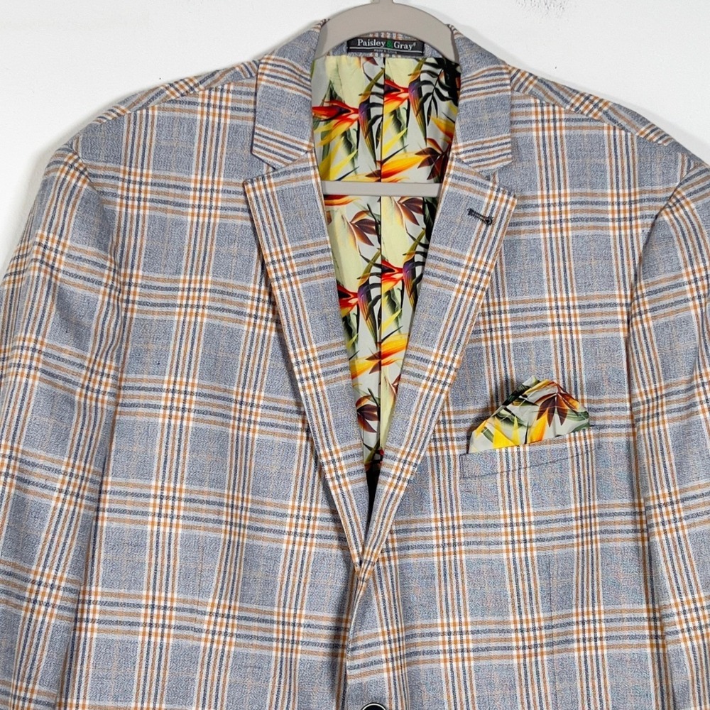 Paisley & Gray Linen Blend SlimFit Blazer Mens Sz 48R Plaid Double Vent 2 Button